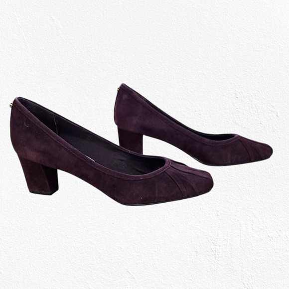 Y2K Etienne Aigner Purple Currant Suede Leather Round Toe Block Heels Size 9.5 - Picture 1 of 9